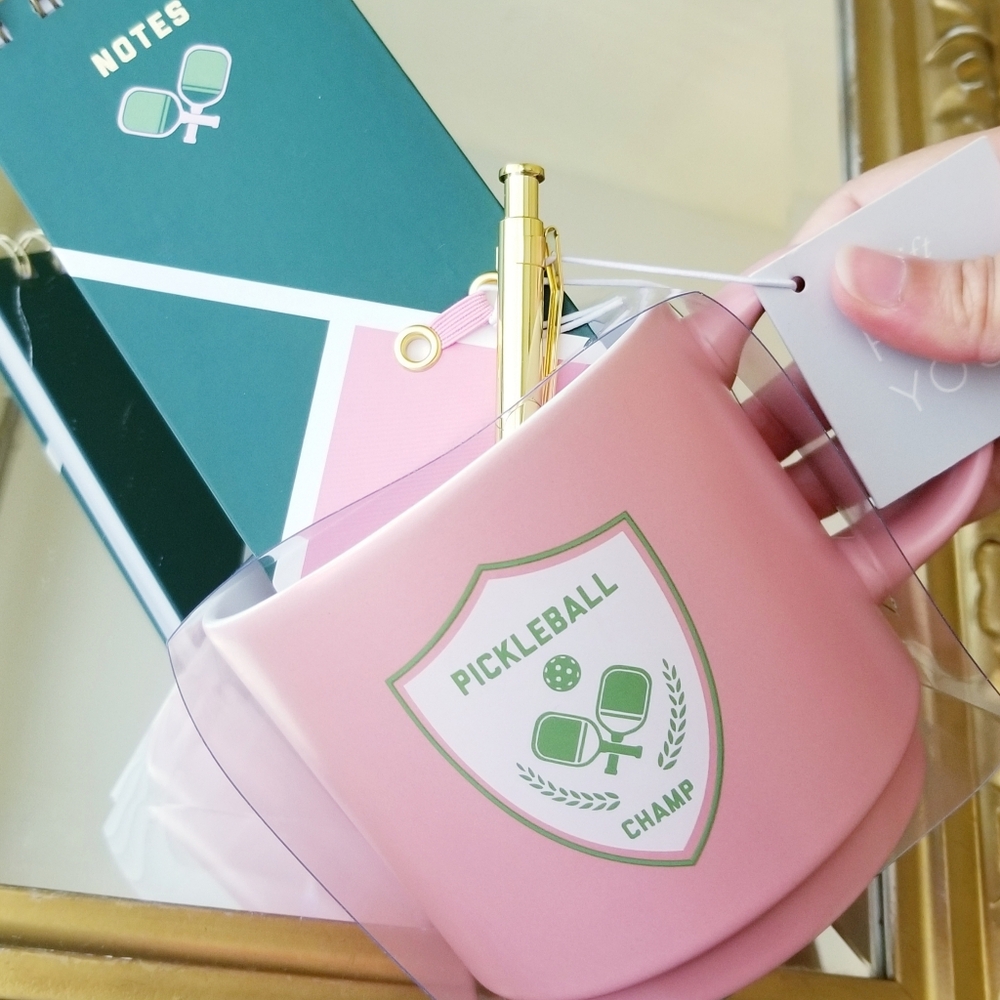 ❗Barbiecore Retro Pink Green "Pickleball Champ" Ceramic Mug with Notepad and Pen